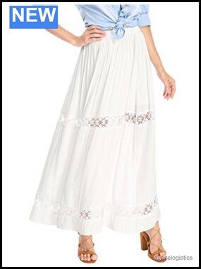Lace Insert A-Line Maxi Skirt Elastic Waist Long Skirt